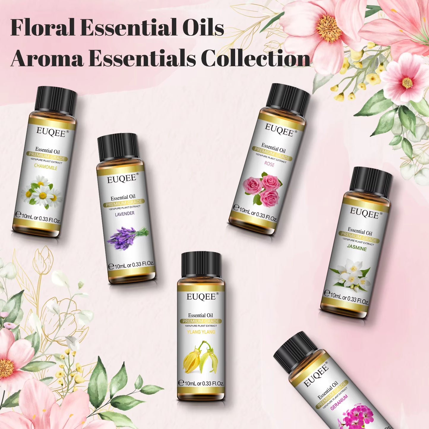 6 Bottles Floral Series Essential Oils Set for Diffuser Candle Making-Rose Lavender Ylang Ylang Jasmine Geranium Chamomile