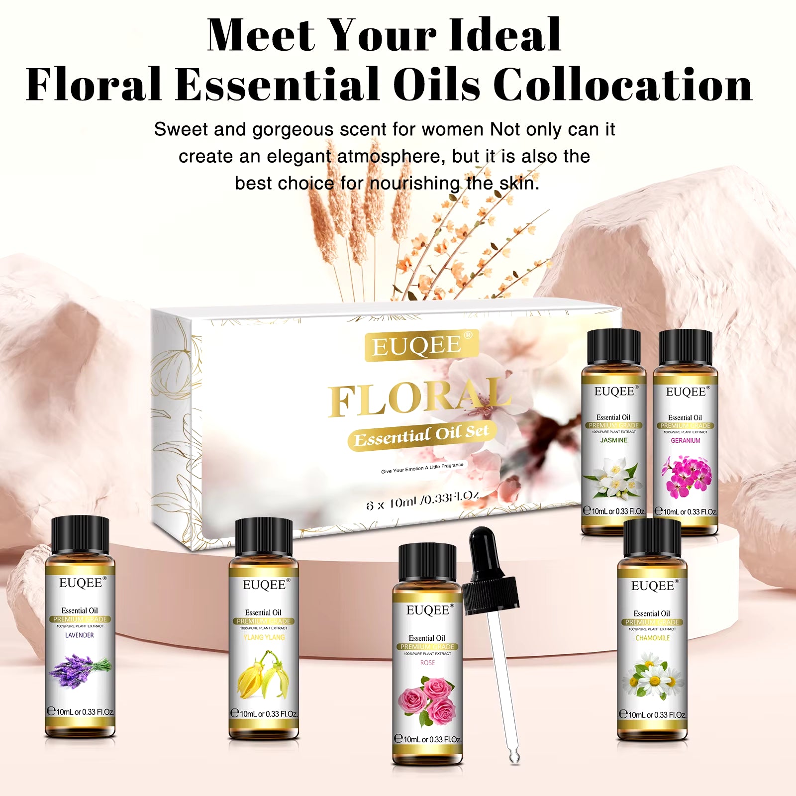 6 Bottles Floral Series Essential Oils Set for Diffuser Candle Making-Rose Lavender Ylang Ylang Jasmine Geranium Chamomile